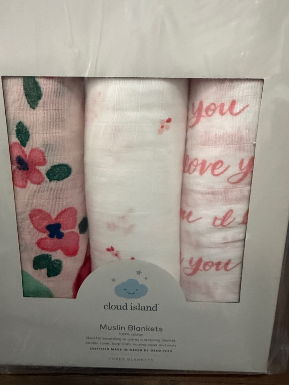 cloud island Pink Floral & Script Muslin Blankets (3-Pack) NEW